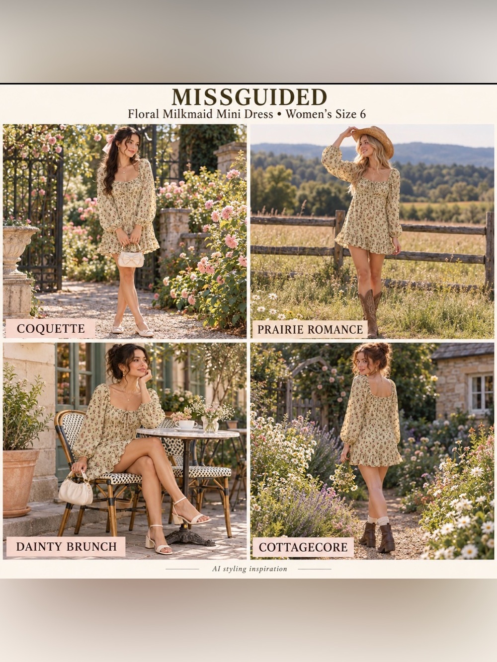 Missguided Floral Mini Dress Milkmaid Babydoll Cottagecore Romantic NEW Women 6